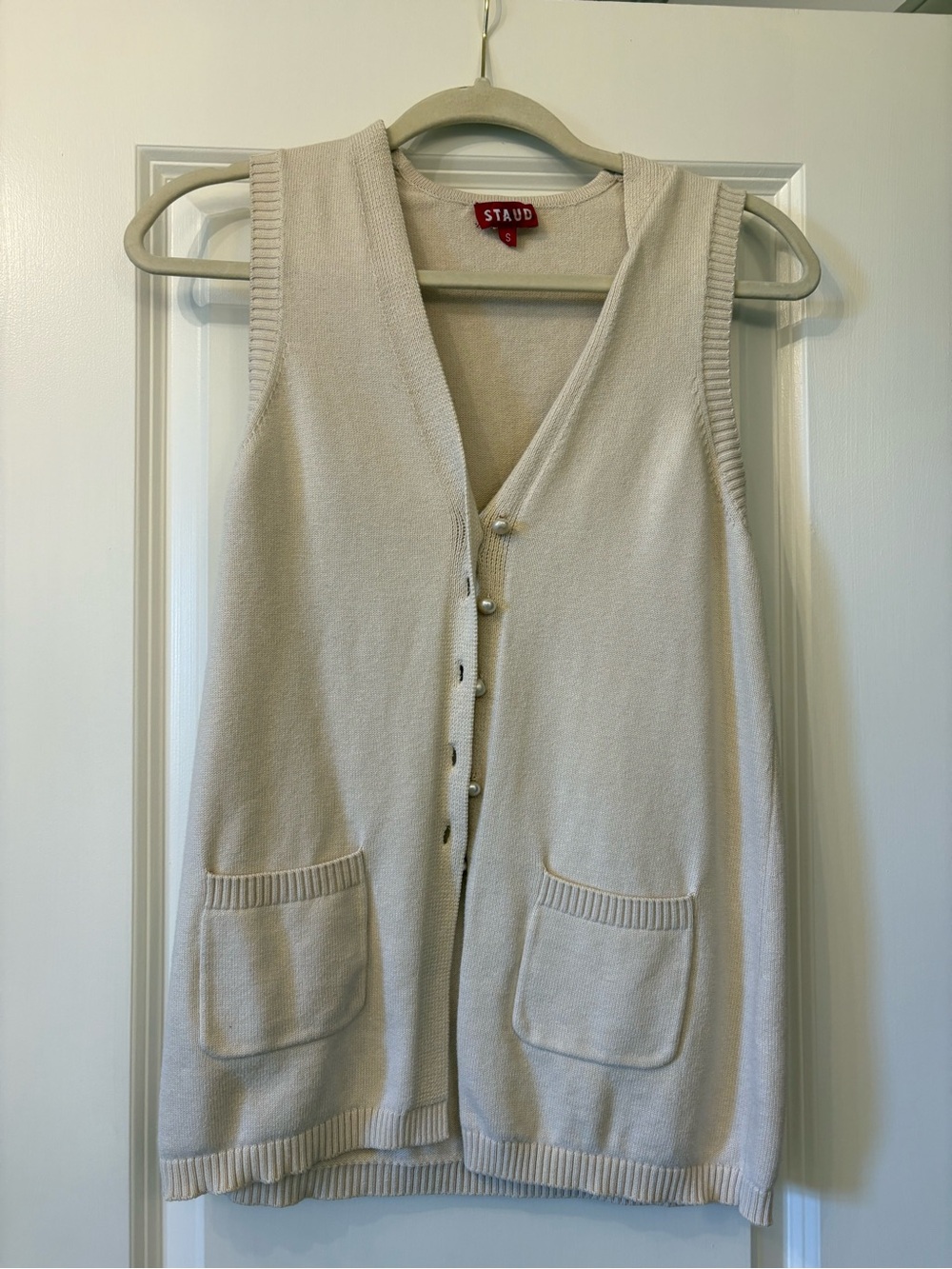 STAUD Cream Sleeveless Knit Cardigan Vest with Pearl Buttons